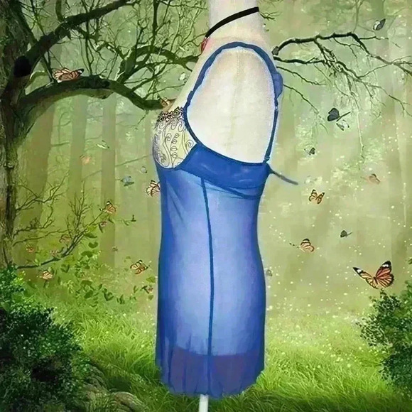 Brand New With Tags Fredericks Of Hollywood Blue Mesh Two piece Slip Dress Set - Picture 9 of 15